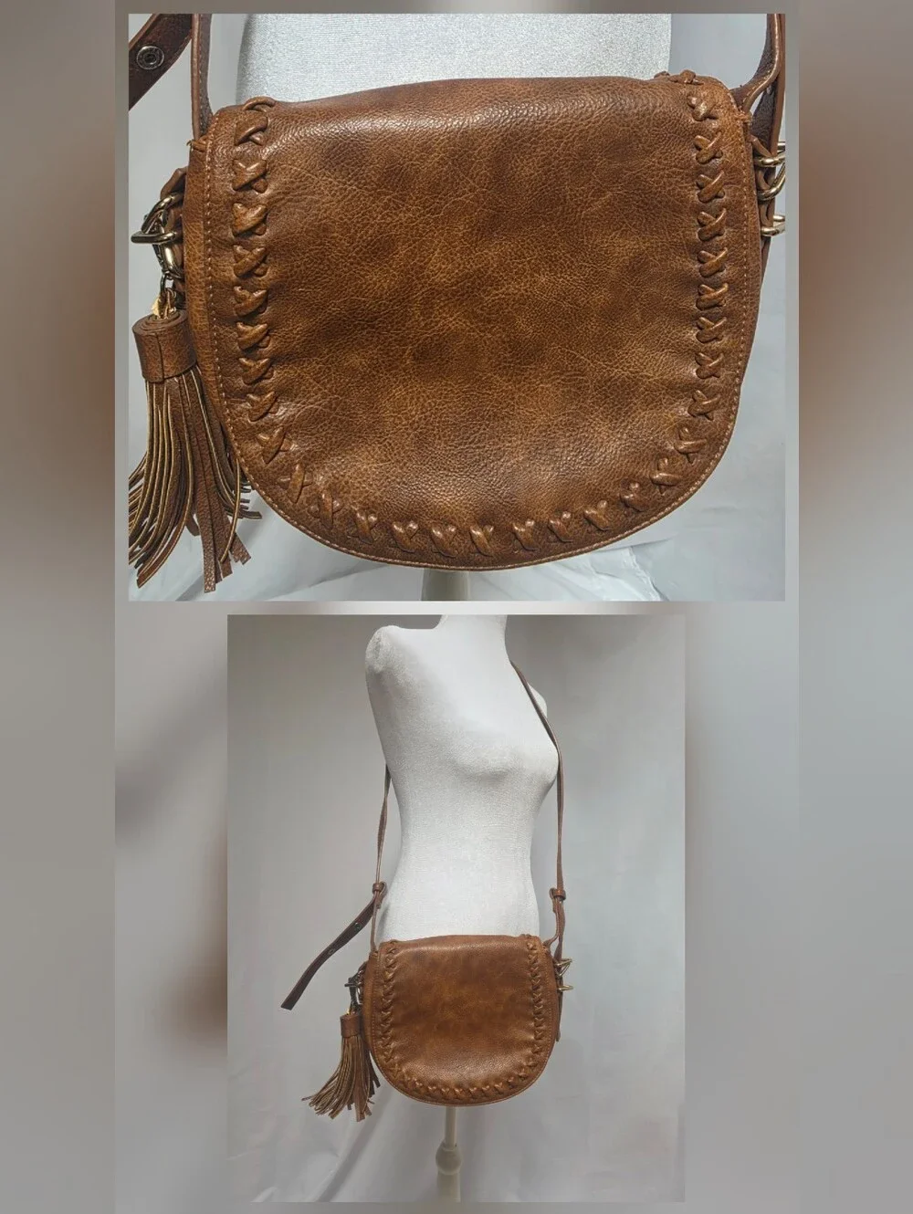 Urban Expressions Brown Whipstitch Tassel Crossbody Saddle Bag Boho Western